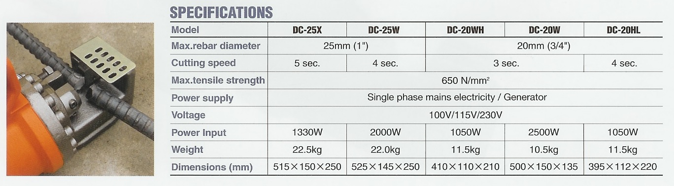 Click here to see the specifications of our Portable Rebar Cutters DIAMOND DC=20 and DC-25 cutter specifications